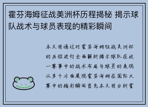 霍芬海姆征战美洲杯历程揭秘 揭示球队战术与球员表现的精彩瞬间