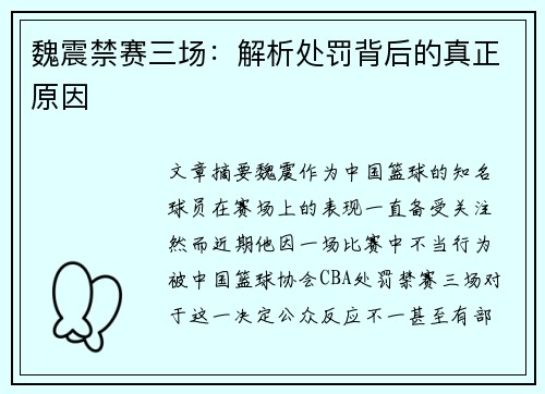 魏震禁赛三场：解析处罚背后的真正原因